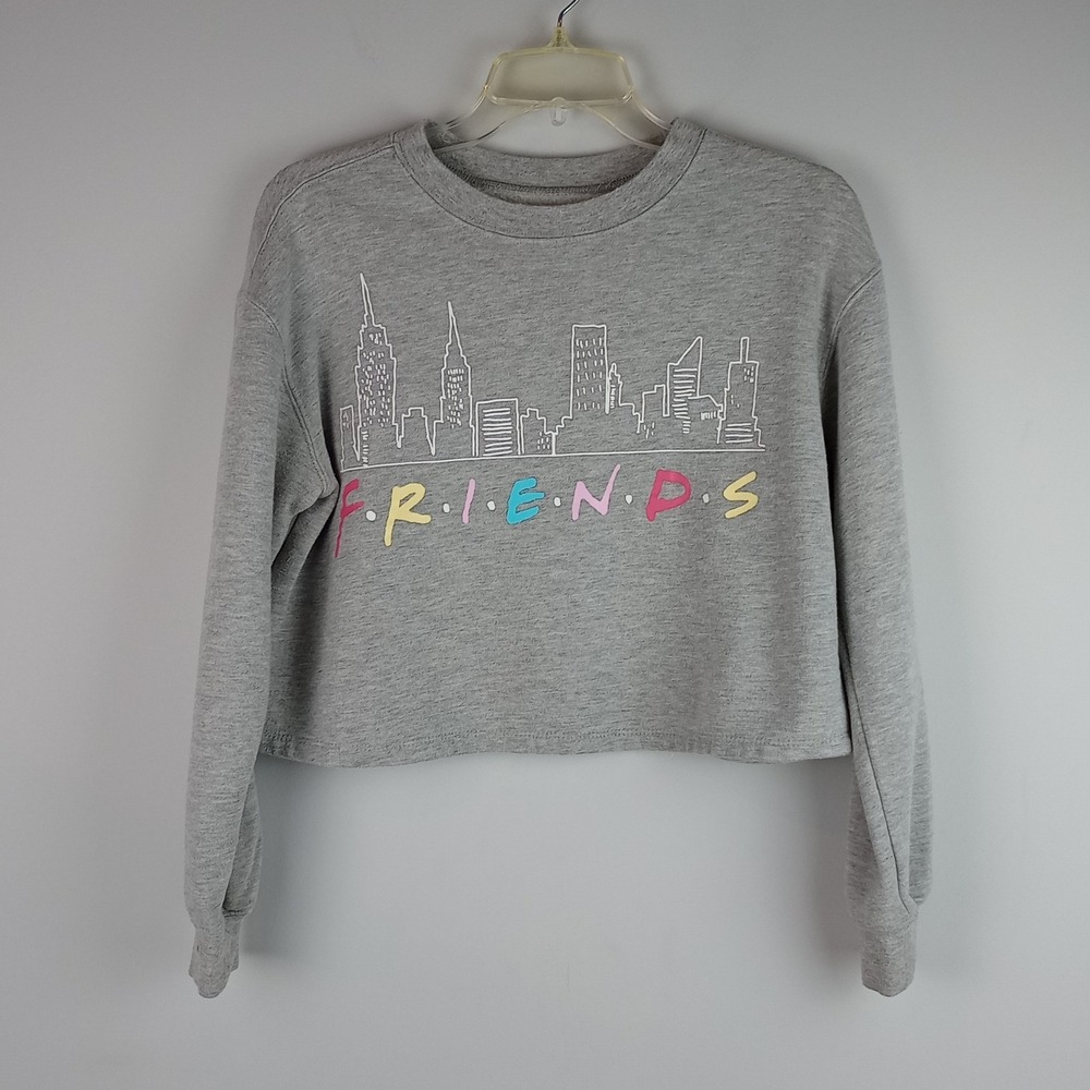 Friends Womens S Gray Skyline Graphic Long Sleeve Cropped Pullover Sweatshirt
